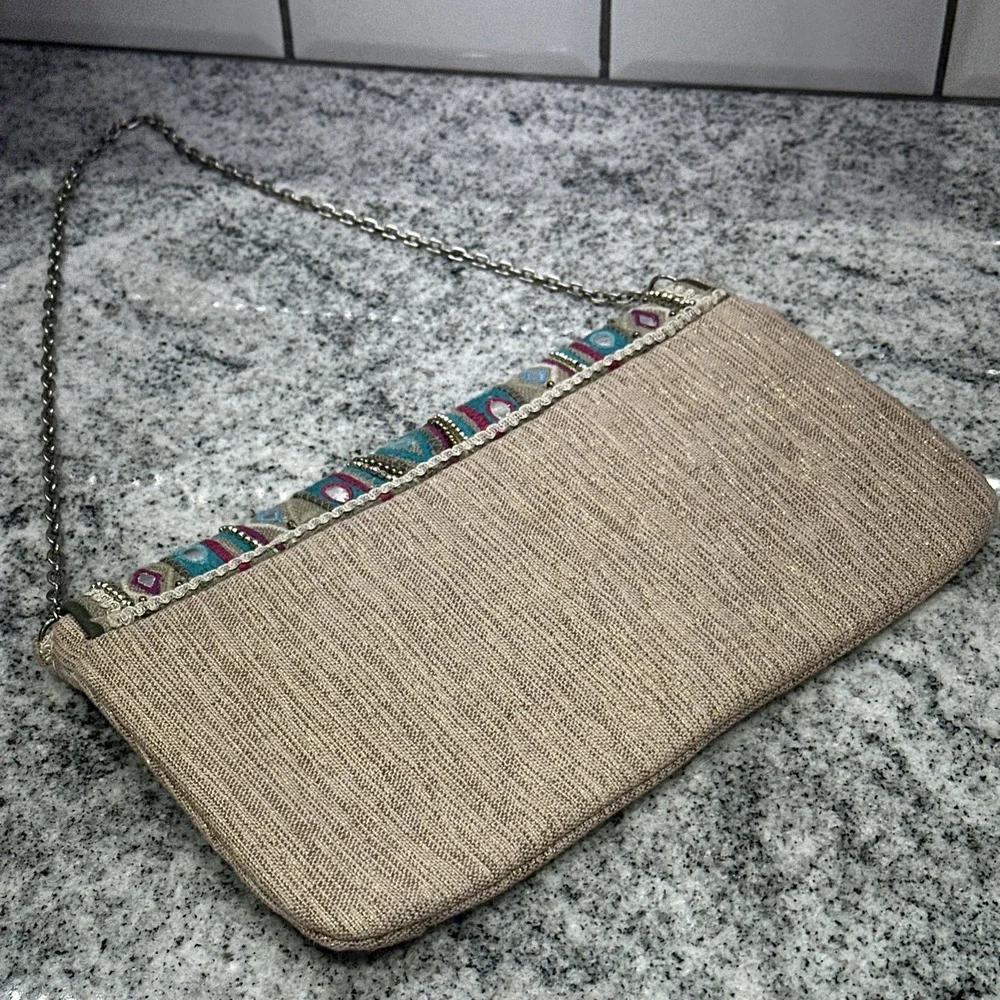 Chicos Jerri Clutch Embellished Embroidered Chain Bag‎ Turquoise Tan Boho Chic